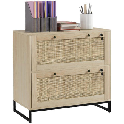 Natural rattan-style 2-drawer lockable filing cabinet with open top and black feet