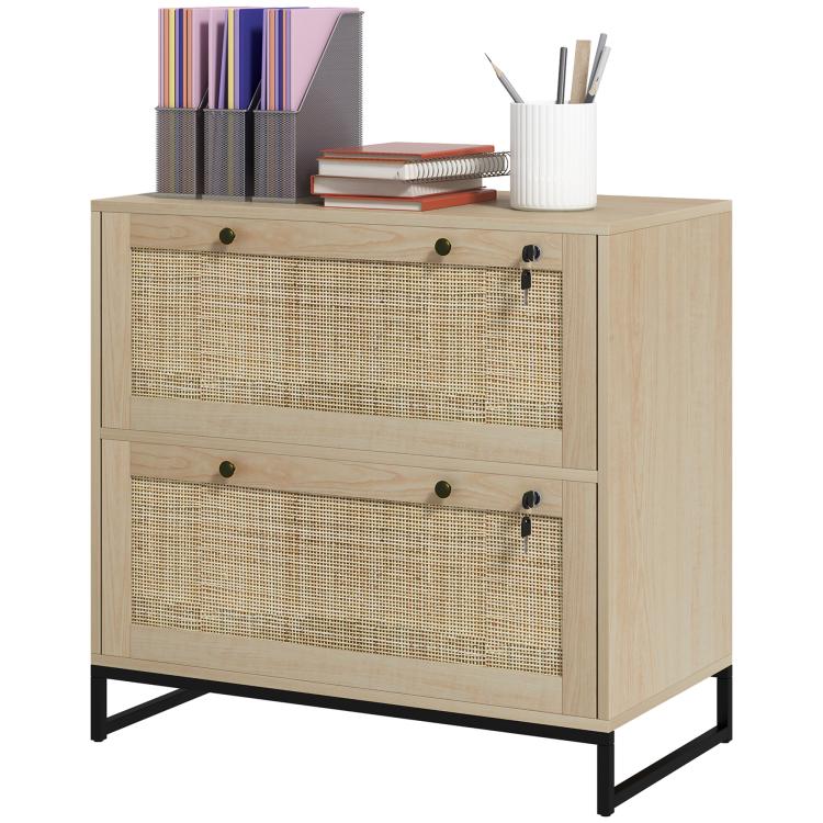 Natural rattan-style 2-drawer lockable filing cabinet, front view with open top