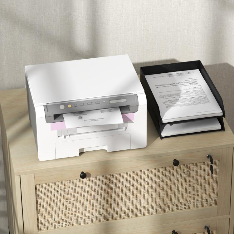 White 2-drawer lockable filing cabinet with open top panel and paper slots.