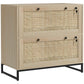 Natural wood 2-drawer lockable filing cabinet with woven front panels and black legs.
