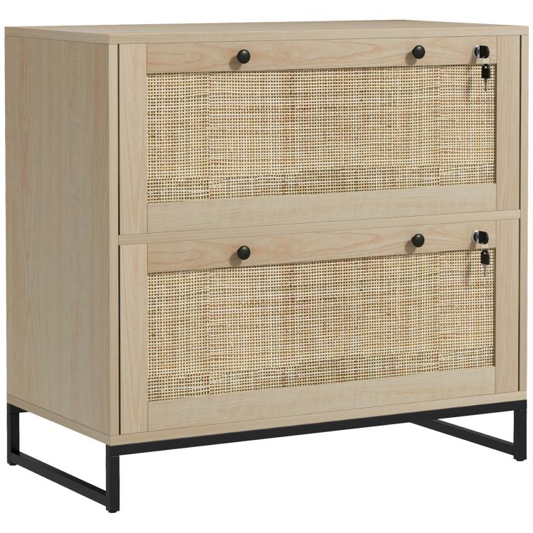 Natural wood 2-drawer lockable filing cabinet with woven front panels and black legs.
