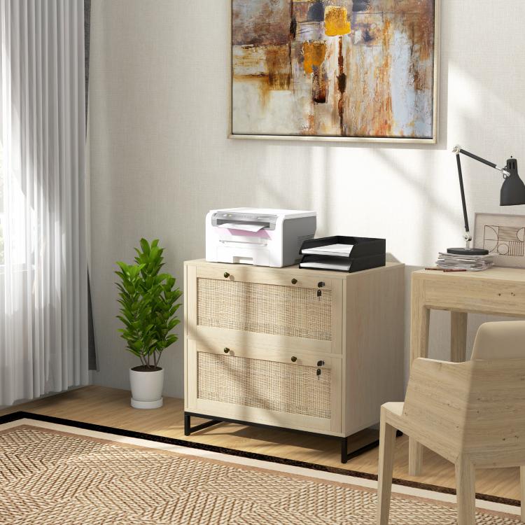 Natural rattan-style 2-drawer filing cabinet with open top compartment and side locks