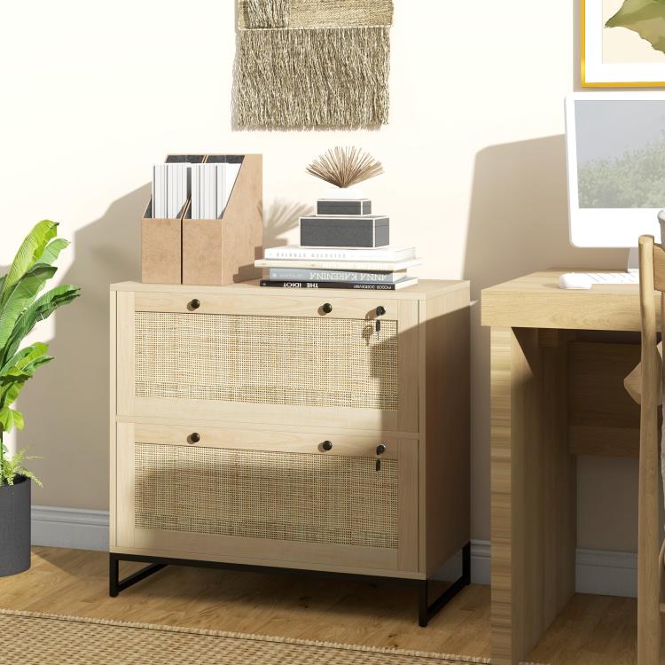 Natural rattan-style 2-drawer lockable filing cabinet with two mesh front panels