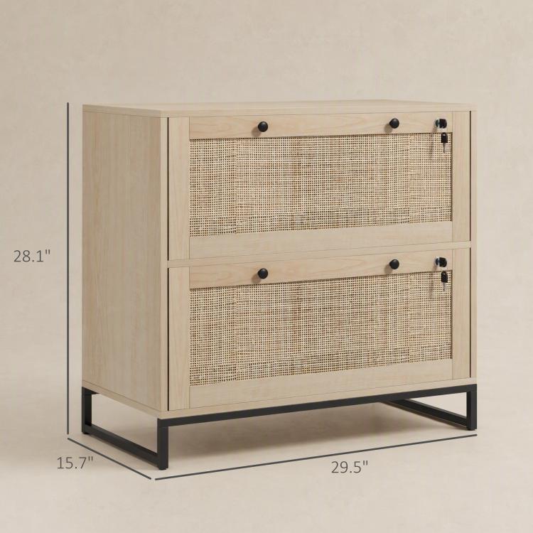 Natural rattan-style 2-drawer filing cabinet with black base and front locks