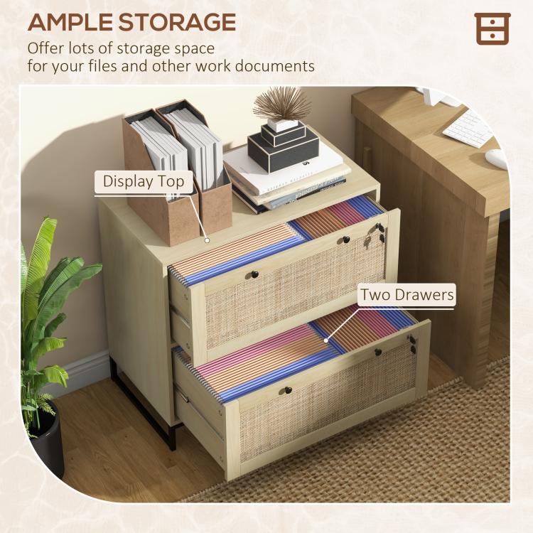 Natural rattan-style 2-drawer filing cabinet with open top and front mesh drawers
