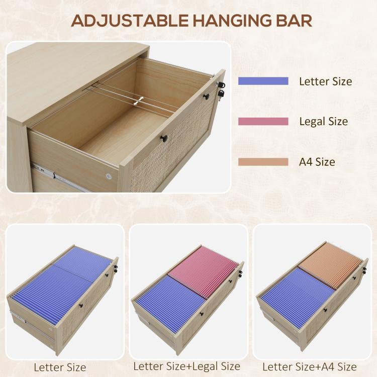Rattan-style filing cabinet drawer with adjustable hanging bar inside