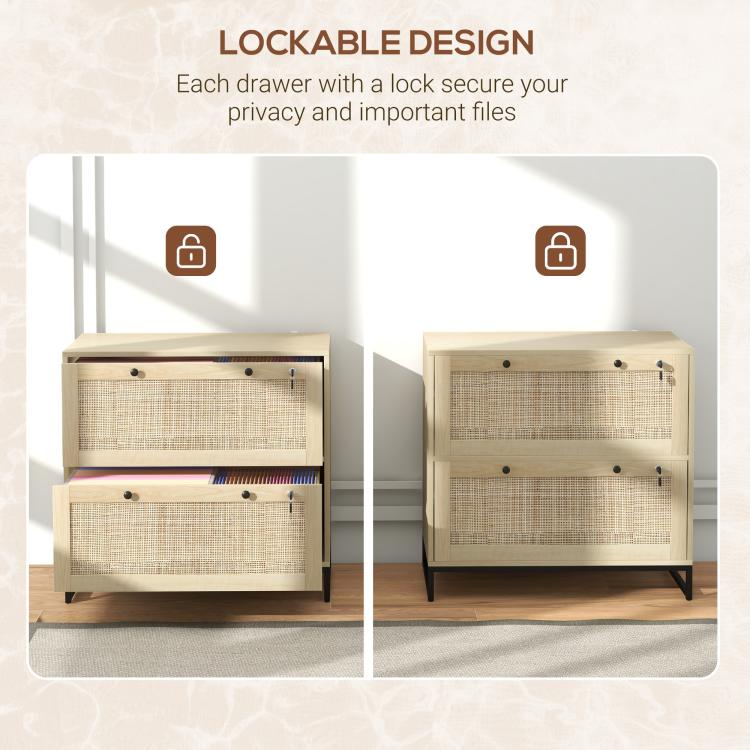 Natural rattan-style lockable 2-drawer filing cabinet with visible lock mechanisms