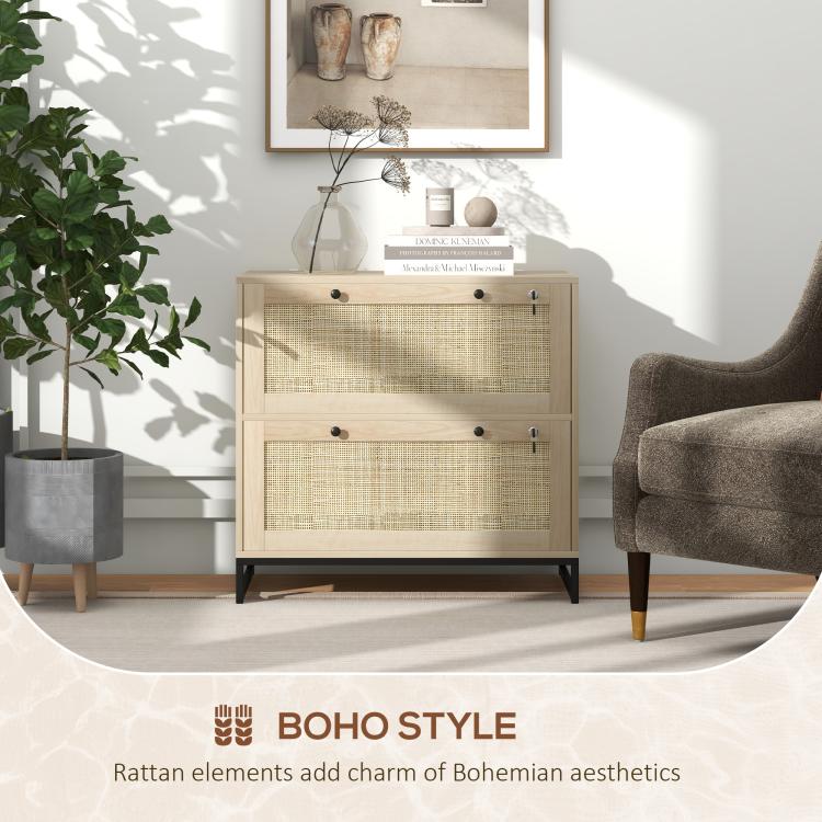 Natural rattan-style 2-drawer lockable filing cabinet with black legs