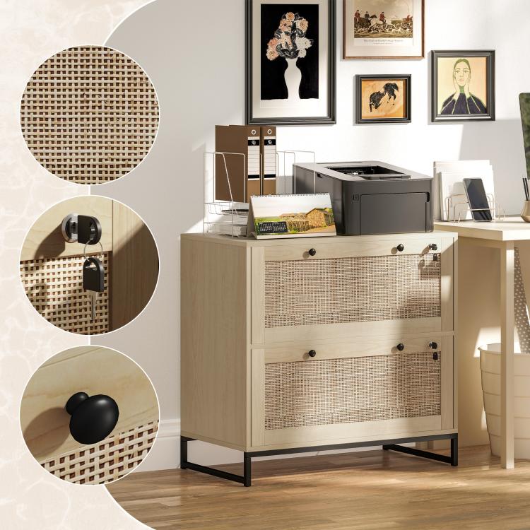 Natural rattan-style filing cabinet with mesh drawers and black lock hardware