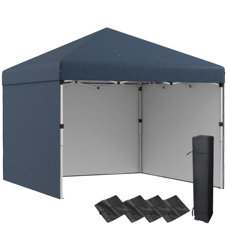 Navy pop-up canopy tent with open front and gray interior sidewalls