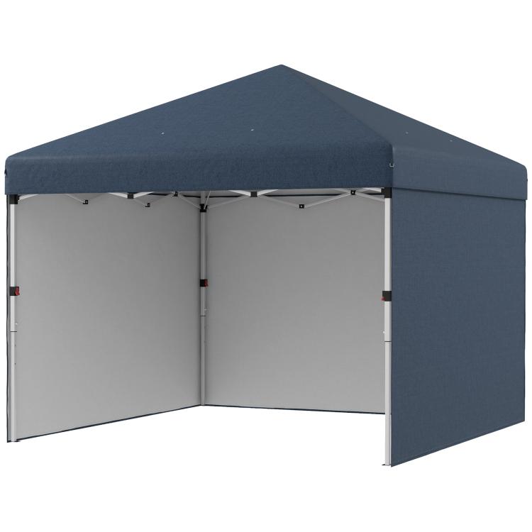 Navy pop-up canopy tent with open front, two sidewalls, and gray panels