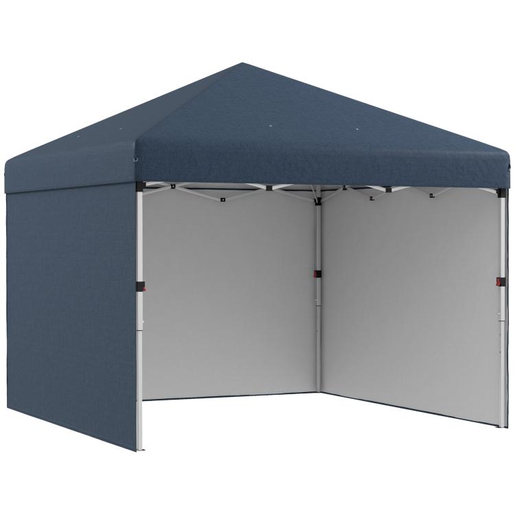 Pop-up canopy with navy top and two sidewalls, open