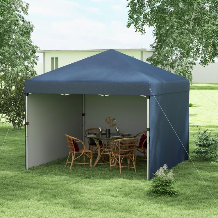 Navy pop-up canopy tent with sidewalls and open front over outdoor dining set