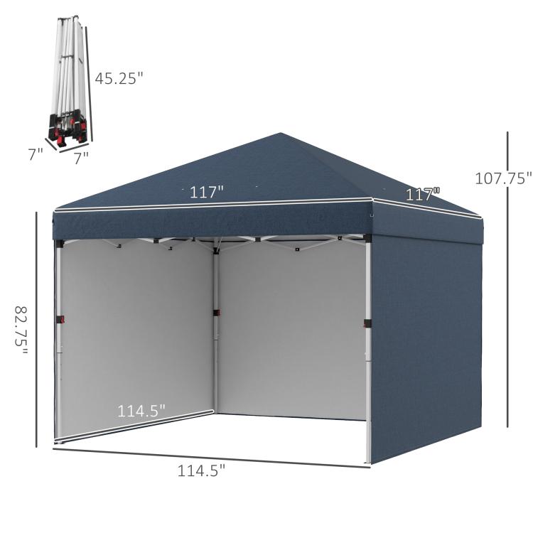 Navy 10x10 pop-up canopy tent with sidewalls, showing overall dimensions