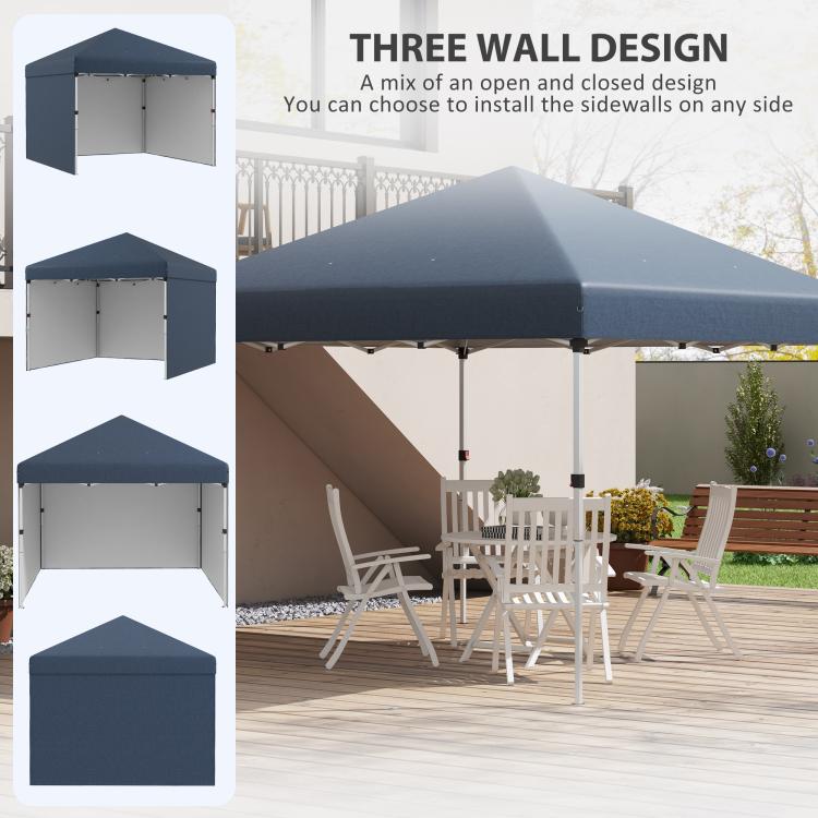 Navy pop-up canopy tent with modular sidewall panels and open entry