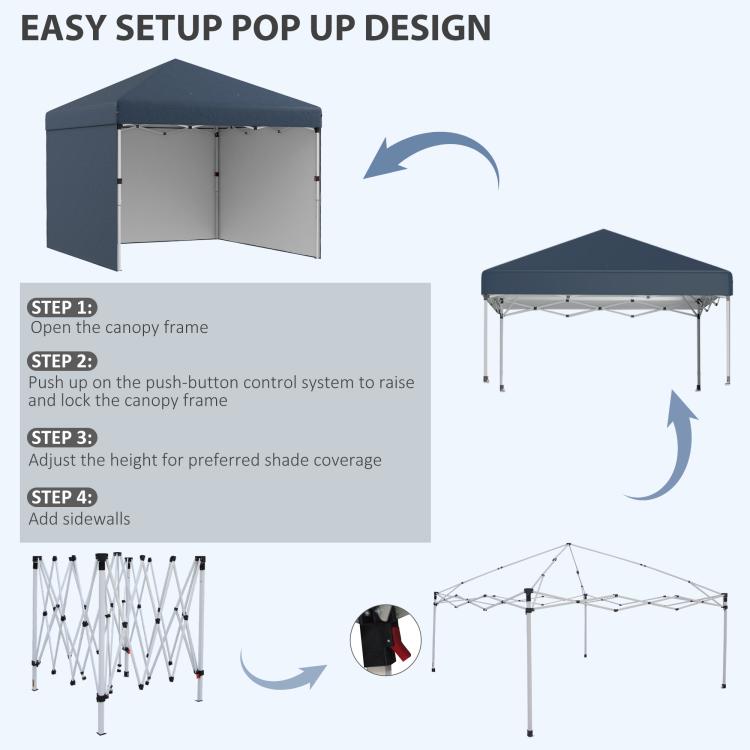 Navy pop-up canopy tent with pop-up frame and attached sidewalls
