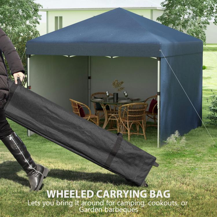 Navy pop-up canopy tent with wheeled carry bag for easy transport
