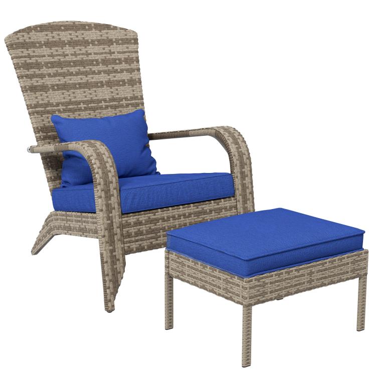 Wicker fire pit lounge chair with blue seat and back cushions, plus matching ottoman