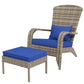 Wicker lounge chair with blue cushions and matching ottoman