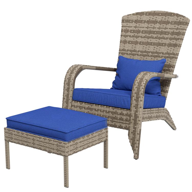 Wicker lounge chair with blue cushions and matching ottoman