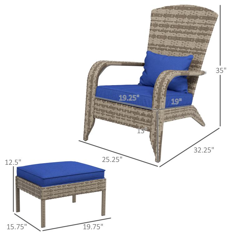 Wicker lounge chair with blue cushions and ottoman, with size dimensions