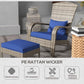Wicker lounge chair with blue seat and back cushions and matching ottoman