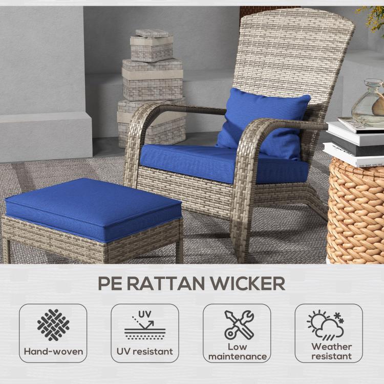 Wicker lounge chair with blue seat and back cushions and matching ottoman