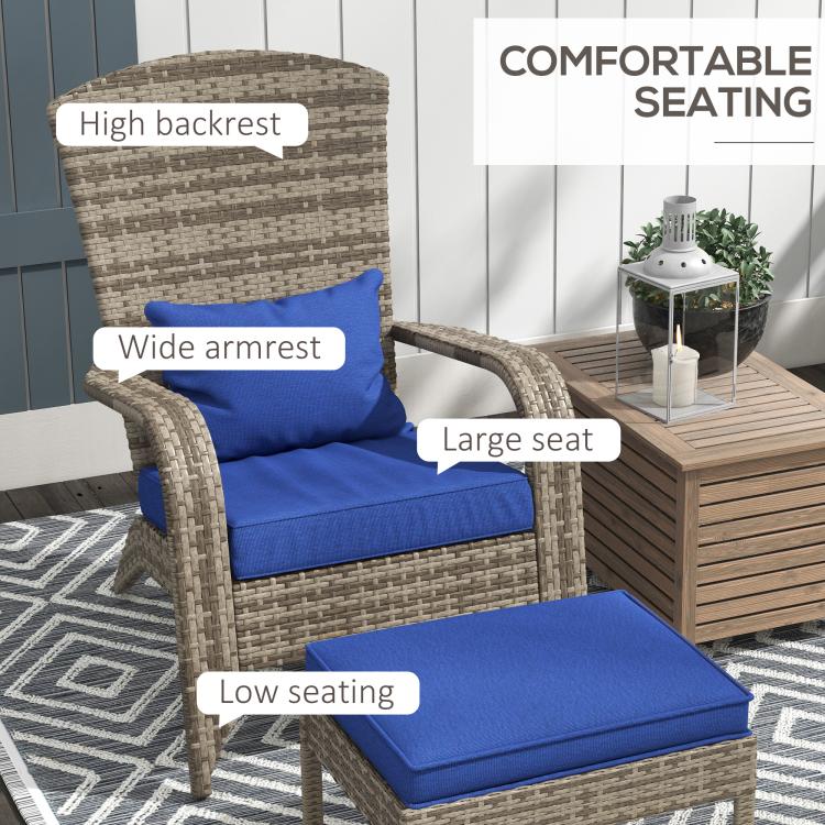 Wicker lounge chair with tall backrest, wide armrests, and blue cushions