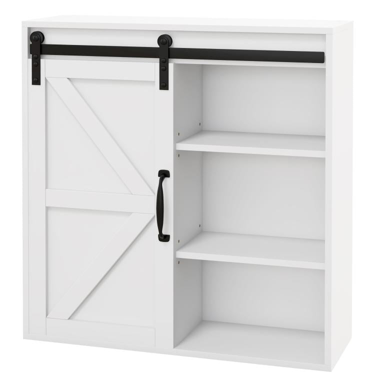 White bathroom medicine cabinet with sliding door open, three interior shelves