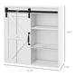 White bathroom medicine cabinet with sliding door open, interior shelves visible with dimensions