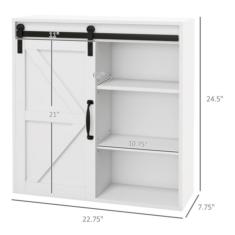 White bathroom medicine cabinet with sliding door open, interior shelves visible with dimensions