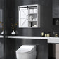 White bathroom medicine cabinet with sliding door open, shelves with toiletries