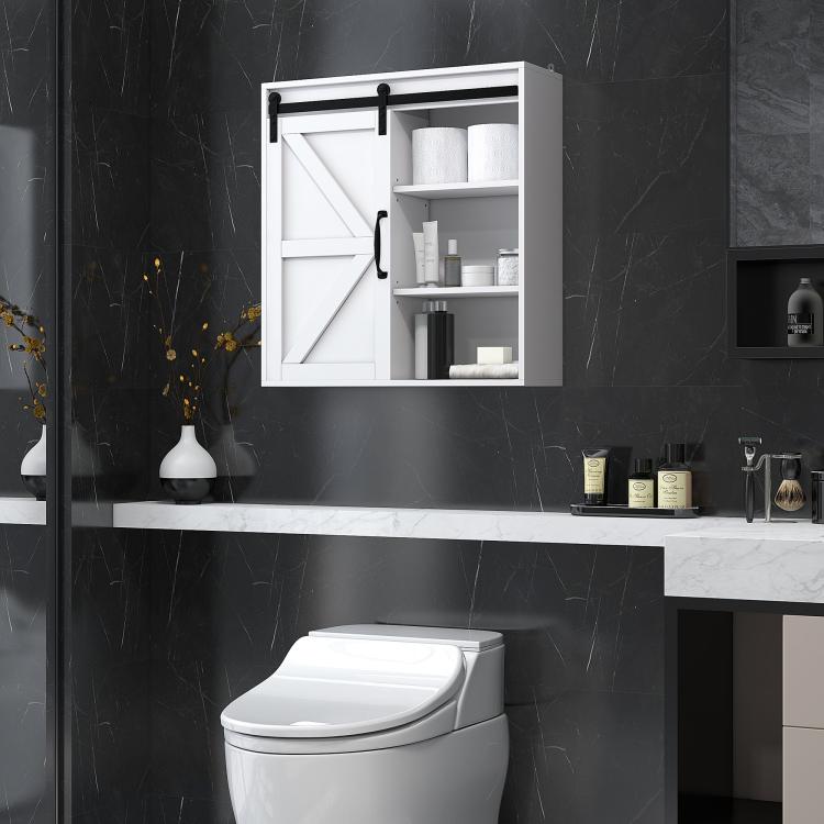 White bathroom medicine cabinet with sliding door open, shelves with toiletries