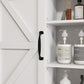 White medicine cabinet close-up with black handle and soap bottles on shelf