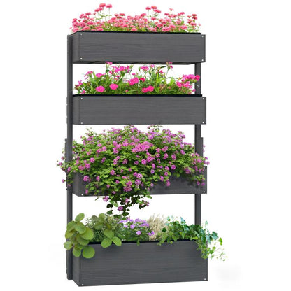 Gray 4-tier vertical wooden planter with blooming flowers in each box