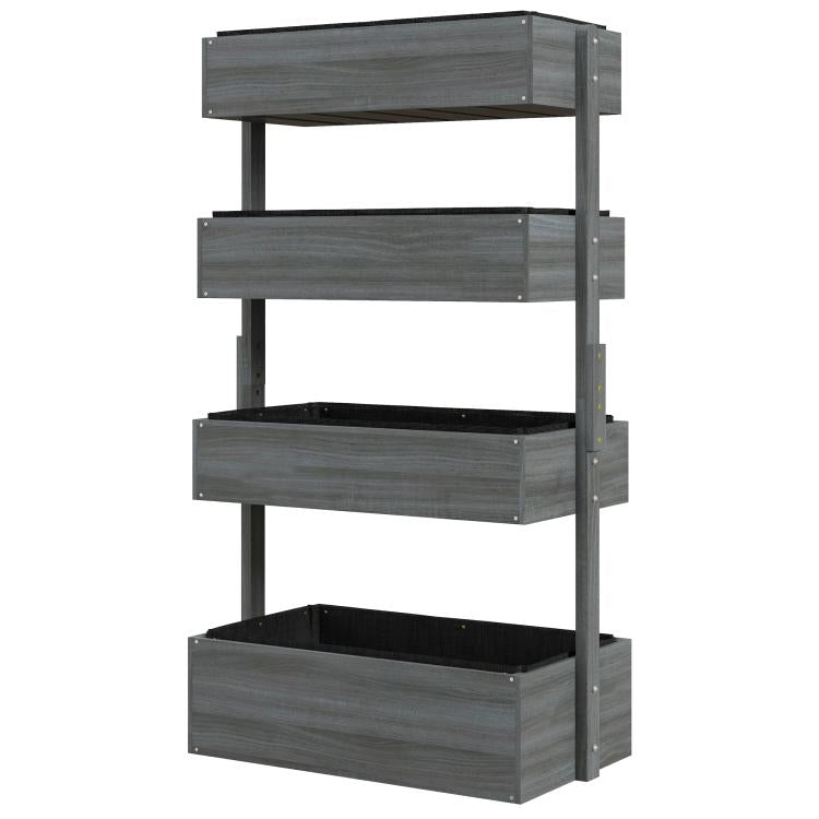Gray 4-tier vertical planter with wooden raised beds and open tops