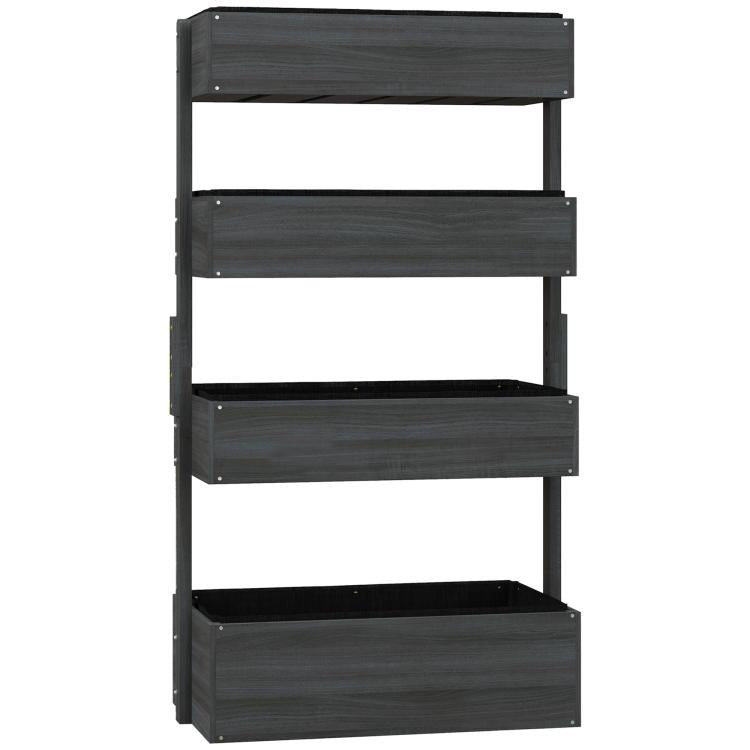 Gray 4-tier vertical wooden planter box with four stacked planting compartments