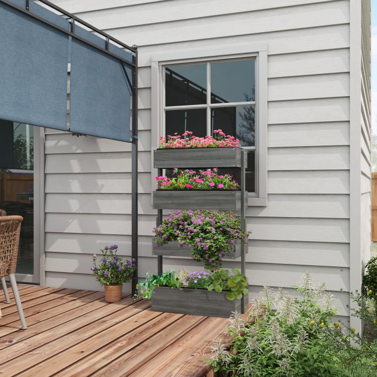Gray 4-tier vertical wooden planter with potted flowers along the side