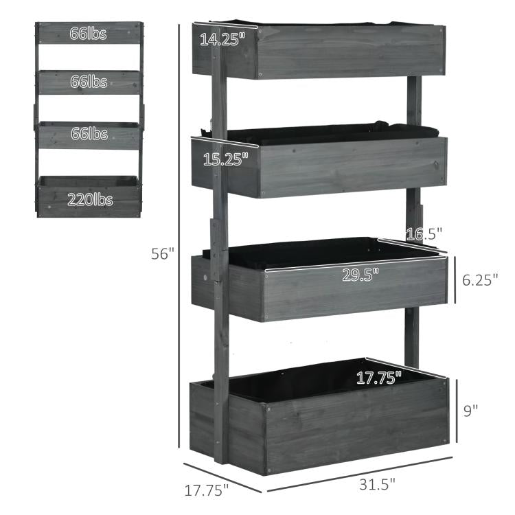 Gray 4-tier vertical planter with size dimensions shown