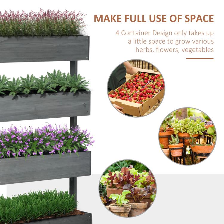 Gray 4-tier vertical planter with inset views of herbs, flowers, and vegetables