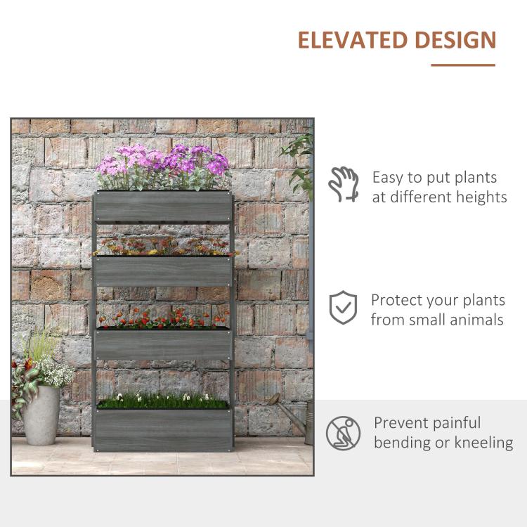 Gray 4-tier vertical planter shown with icons for easy, raised planting