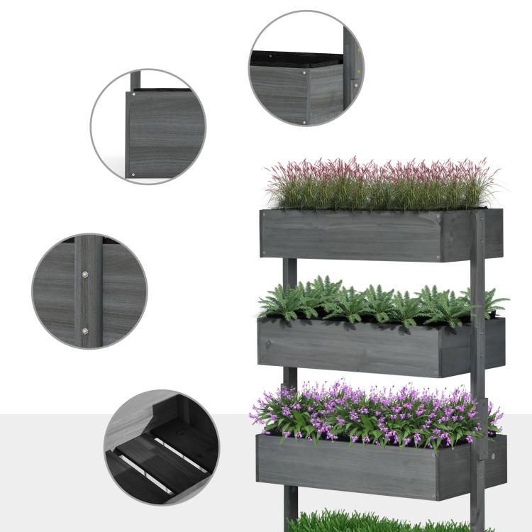 Gray 4-tier vertical planter with detail views of the fabric and corners