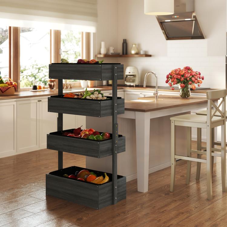 Gray 4-tier vertical planter with plants arranged for indoor kitchen use