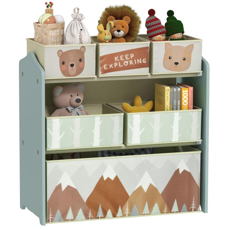 Green kids toy organizer with 6 fabric storage bins and bear, lion, and mountain designs