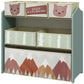 Green toy organizer with open storage shelves and four animal print fabric bins