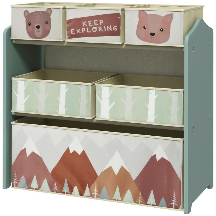 Green toy organizer with open storage shelves and four animal print fabric bins