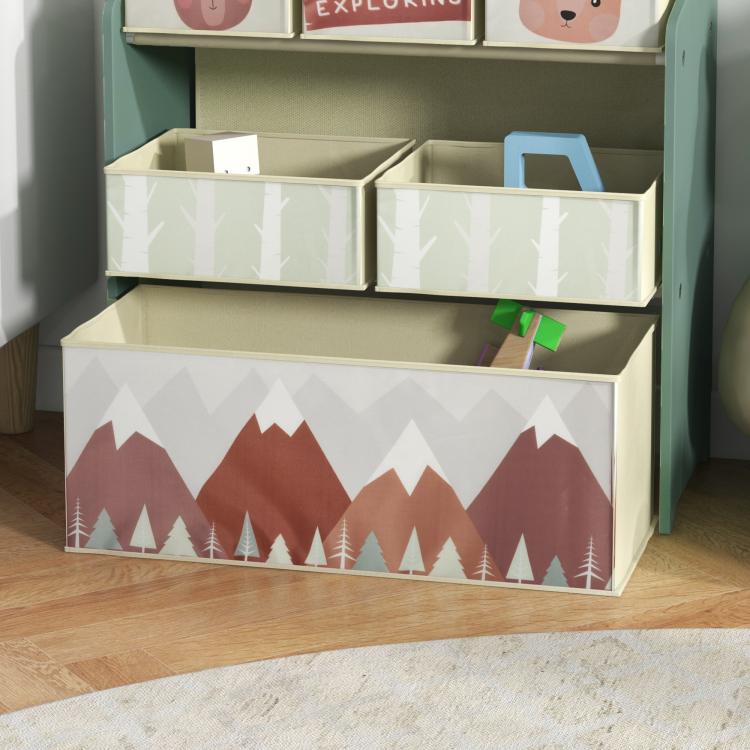 Green toy organizer with 6 storage bins, tree and mountain patterned front bins