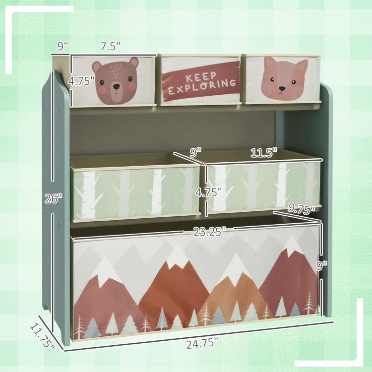 Green toy organizer unit with three shelf levels and fabric storage bins