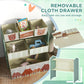 Green toy organizer with open fabric bins and a removable cloth storage drawer
