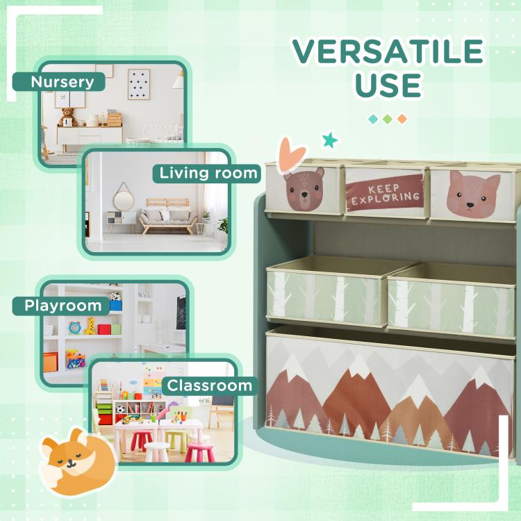 Green toy organizer with storage shelves and tree-pattern fabric bins